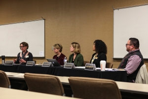 Panel at the 2019 Doctoral Symposium; from left to right: Dr. Elizabeth Bellows, Dr. Devery Ward, Dr. Stacy Holliday, Dr. Brooksie Sturdivant, JuanEs Ramirez